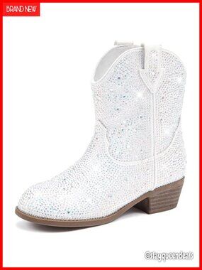 Girls Rhinestone Cowgirl Ankle Boots Pointed Toe Pull Tab Western